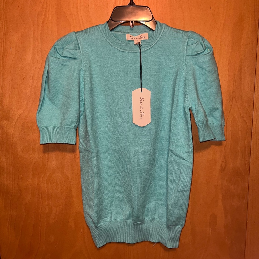 NWT blue turquoise short sleeve sweater S